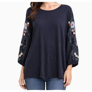 J Jill Navy Blue Floral Embroidered Sleeves Top Women's Size‎ XL Boat Neck Rayon